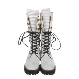 Stuart Weitzman White Moto Boots with Black Laces